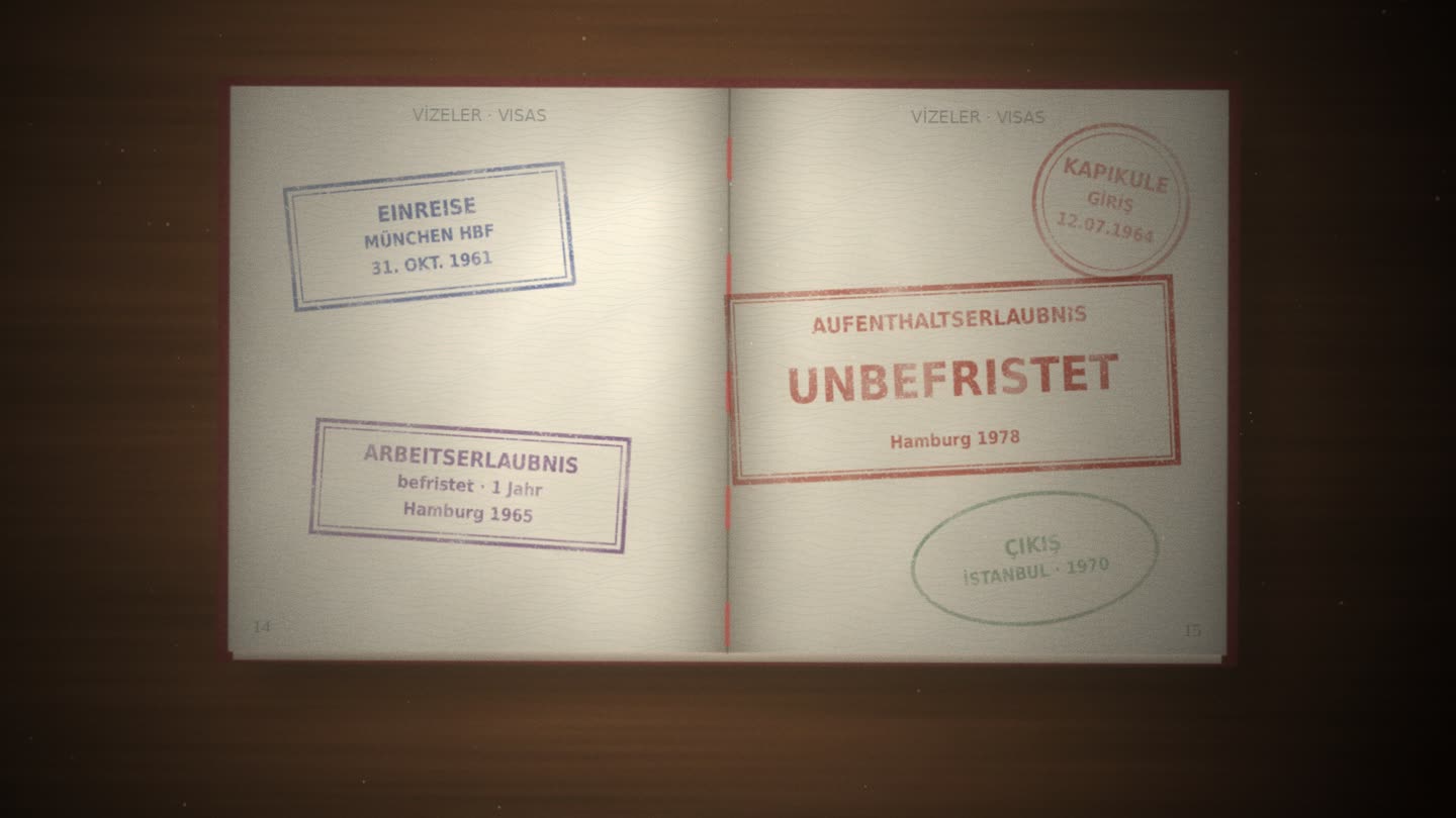 Gemalter Reisepass mit Stempeln: Einreise München 1961, Arbeitserlaubnis, Aufenthaltserlaubnis unbefristet