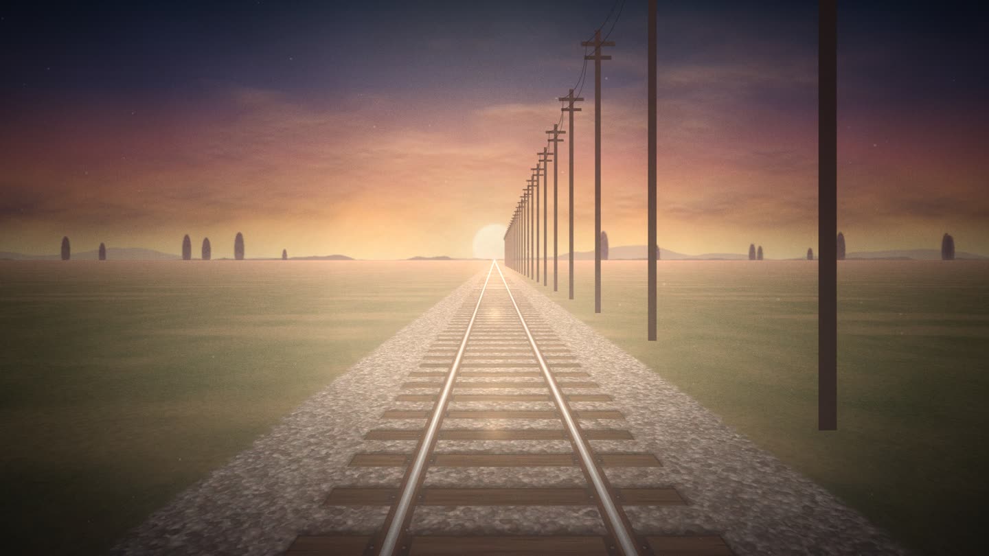Gemalte Gleise, die im Morgenlicht zum Horizont führen